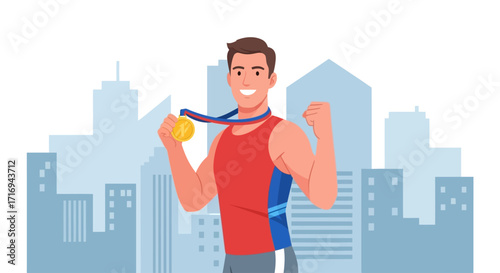 A triumphant athlete holding a gold medal, celebrating victory with a city backdrop.