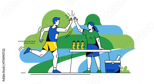 A runner celebrates with a high five at a refreshment station during a race.