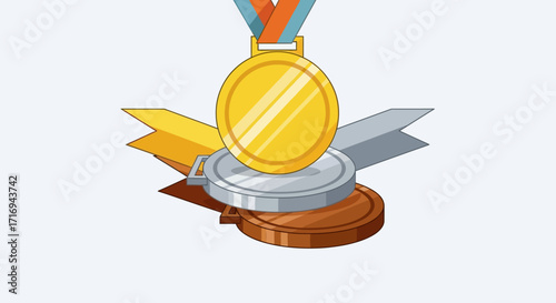 Gold, silver, and bronze medals stacked with ribbons, representing first, second, and third place achievements.