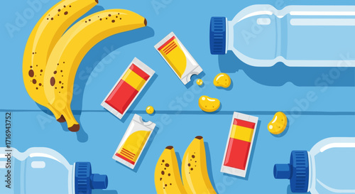 Flat lay illustration of bananas, water bottles, and energy gel packets scattered on a light blue surface, suggesting a scene of sports nutrition or post-workout recovery.