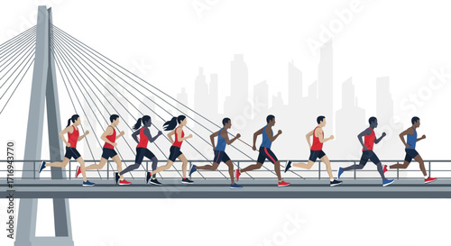 Group of diverse runners participating in a marathon race on a bridge with a city skyline in the background.