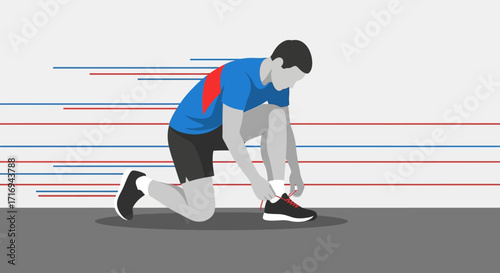 A man in athletic wear kneels to tie his shoelace, with motion lines suggesting speed.