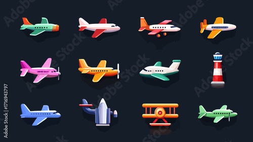 Collection of colorful airplane icons.