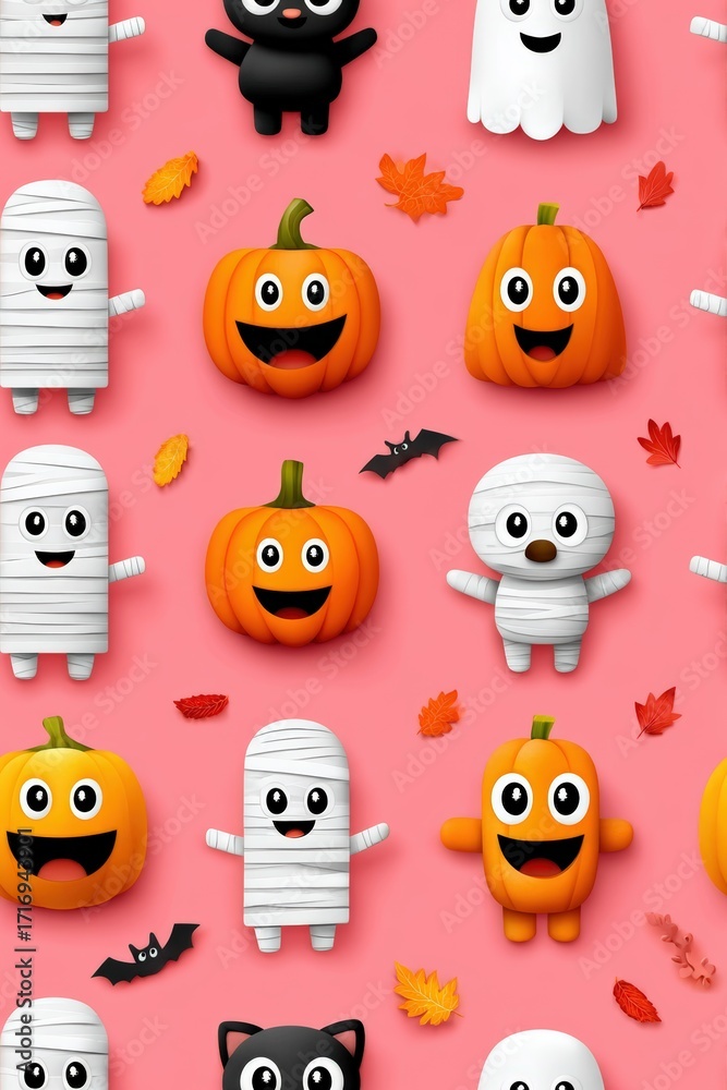 Fototapeta premium Cute Halloween Characters with Pumpkins and Autumn Leaves Background
