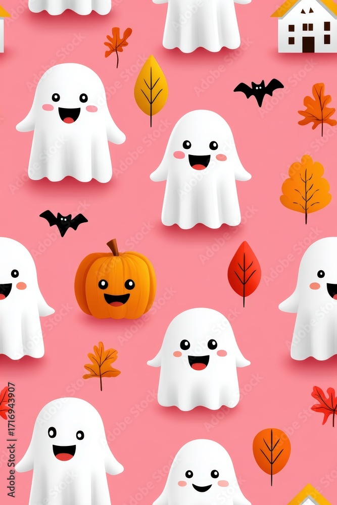 Fototapeta premium Playful Ghosts and Seasonal Elements on Pink Background for Halloween