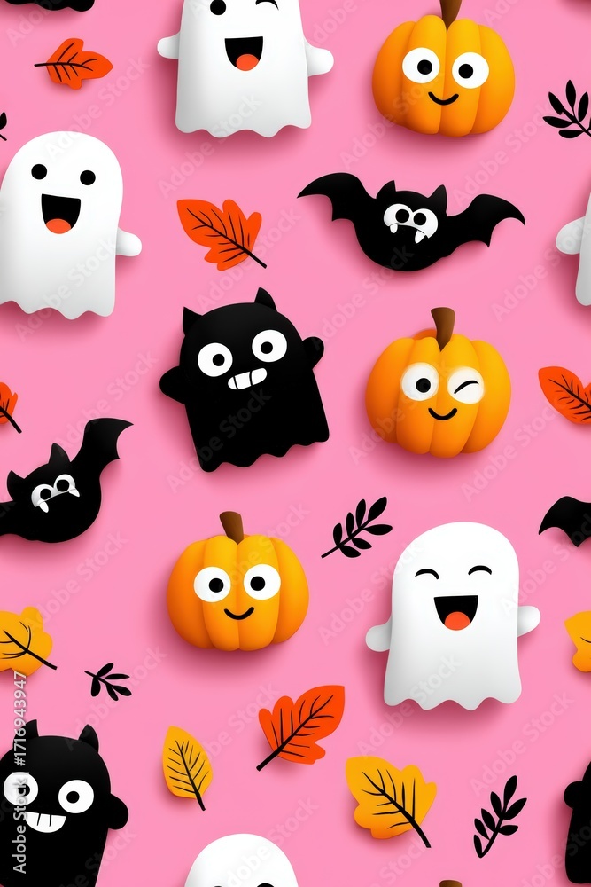 Obraz premium Playful Halloween Ghosts, Pumpkins, and Bats on Pink Background