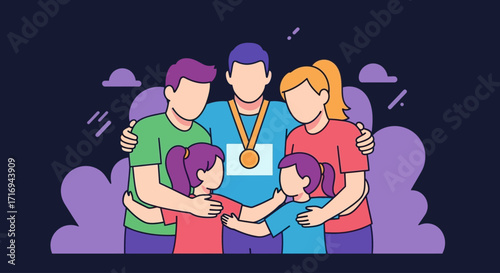 A proud family with two daughters lovingly embraces a male athlete celebrating his victory with a gold medal.