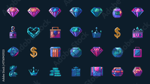 Collection of colorful game assets gems and treasure chests.