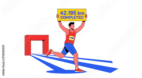 A determined runner crosses the finish line, holding a sign proudly displaying "42.195 km COMPLETED" after a long race.