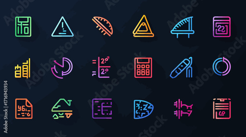 Collection of colorful line icons related to geometry, mathematics, and calculations.
