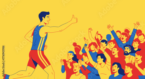 A victorious male athlete gives a thumbs-up to an excited, cheering crowd of supporters.