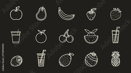 Collection of fruits and fruit juice icons.