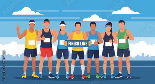 Group of marathon runners celebrating victory at the finish line, holding a banner.