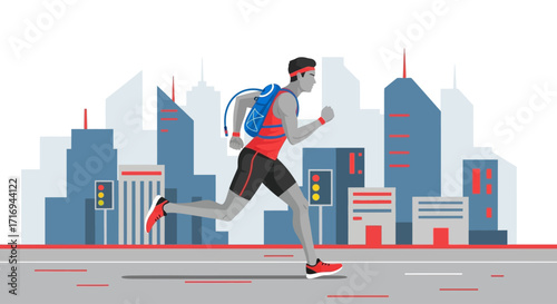 An athletic man runs with a backpack through a modern city street, illustrating urban fitness and an active lifestyle.