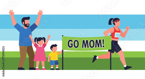 A family cheering on a woman running a race, with a banner supporting her.