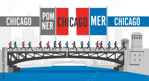 Runners cross a bridge during a marathon, with city banners overhead and a modern architectural background.