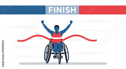 An athlete in a wheelchair celebrates victory after crossing the finish line with raised arms.