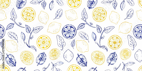 Seamless pattern of hand drawn lemons and leaves in blue and yellow watercolor style
