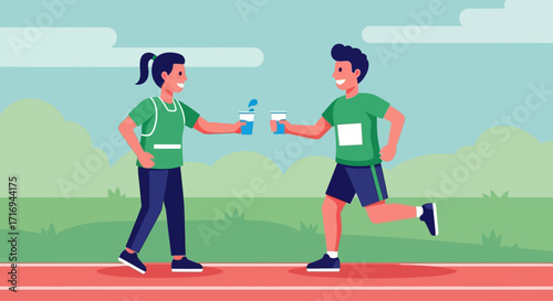 A woman hands a cup of water to a running male athlete during a marathon race, set against a landscape backdrop.