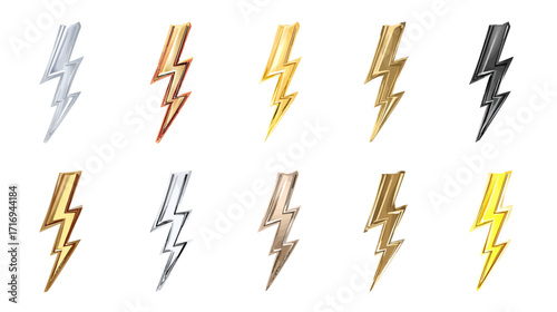 Collection of metallic lightning bolt icons.
