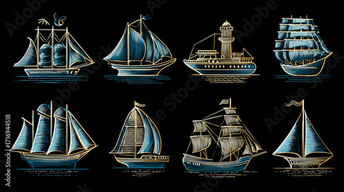 Collection of vintage sailing ships and boats.