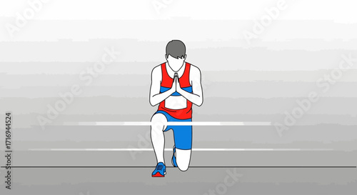 Man in athletic wear kneeling with hands clasped in front of his chest, performing a lunge exercise.