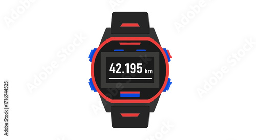 Smartwatch displaying a distance of 42.195 km, indicating a marathon completion, with black band and red and blue accents.