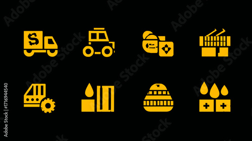 Collection of yellow icons depicting transport and industry.