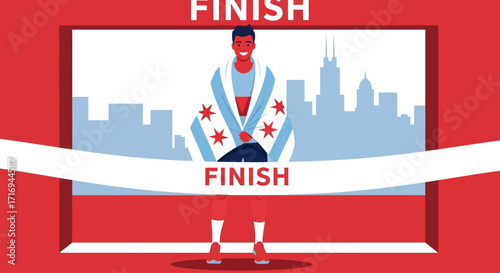 A runner crosses the finish line, draped in a Chicago flag, in a stylized illustration.