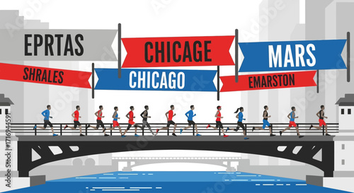 Runners crossing a bridge during the Chicago Marathon, with banners advertising different teams.