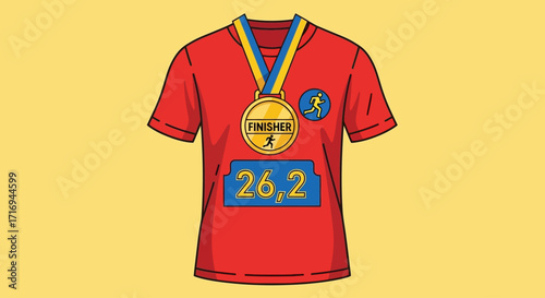 Marathon finisher's shirt with gold medal and bib number.