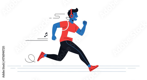 Energetic man jogging outdoors, listening to music with headphones, enjoying his run.