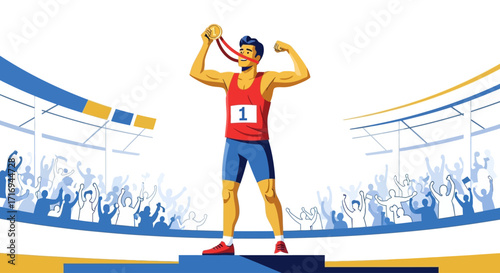Triumphant athlete celebrates gold medal victory on winner's podium before cheering crowd.