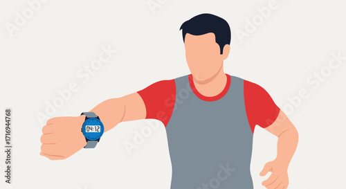 A man in athletic wear checks his smartwatch, indicating a focus on fitness tracking and time management during an activity.