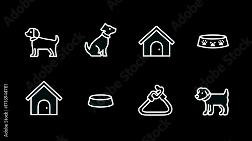 Dog icons set including house, bowl, leash.