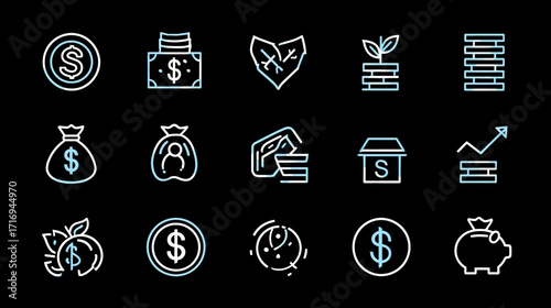 Finance icons set money investment growth.