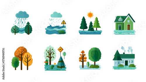 Flood disaster icons houses trees rain warning.