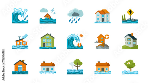Flood disaster icons houses and nature elements.