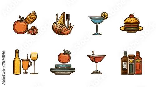 Food and Drink Icons Set Delicious Cuisine.
