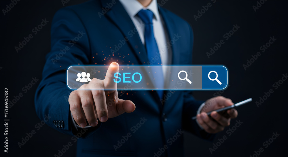Obraz premium Customer focus through search optimization, digital and internet marketing specialist, data analysis for strategy of seo