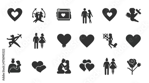 Love icons set hearts couples romance.
