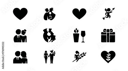 Love romance wedding couple relationship icons symbols.