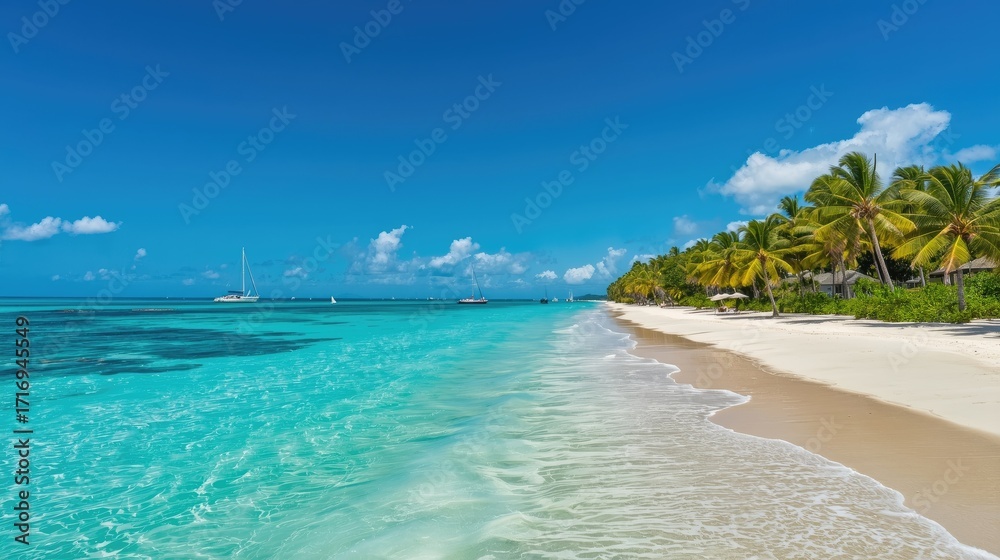Fototapeta premium A tranquil tropical beach scene showcases vibrant turquoise water lapping gently at a pristine white sand shore, lined with lush palm trees and secluded cabanas under a brilliant blue sky.