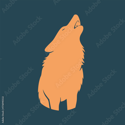 Minimalist orange silhouette of a howling wolf on a dark teal background in a simple flat design style