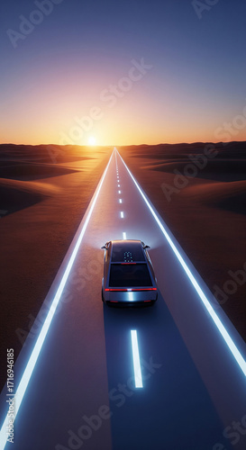 A solitary vehicle on an open road to the horizon, a powerful metaphor for a clear path forward, progress, and a successful journey.