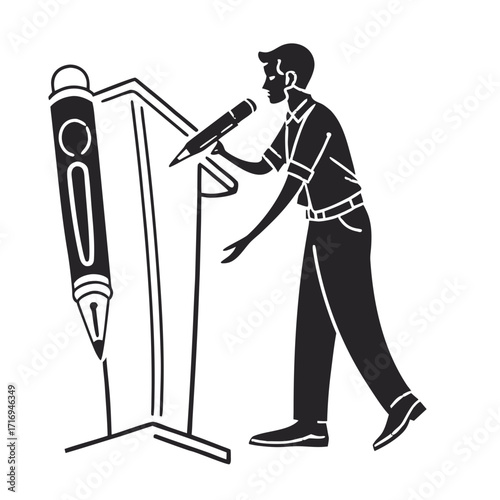 Dynamic speaker enthusiastically presents ideas using a giant pen as a prop, captivating audience with innovative concepts and storytelling