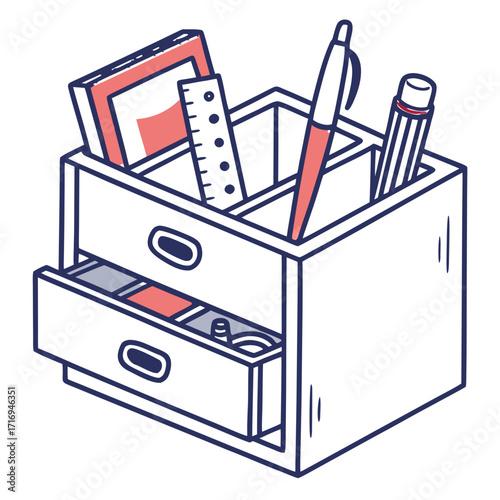 Organized desk caddy with drawers holding pens, ruler, and notebook, perfect for study or office supplies