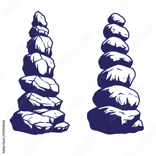 Two stacking stone cairns in a vector illustration depicting balance and mindfulness