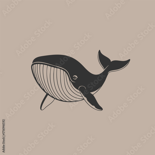 Stylized black and white illustration of a whale with detailed lines on a neutral beige background
