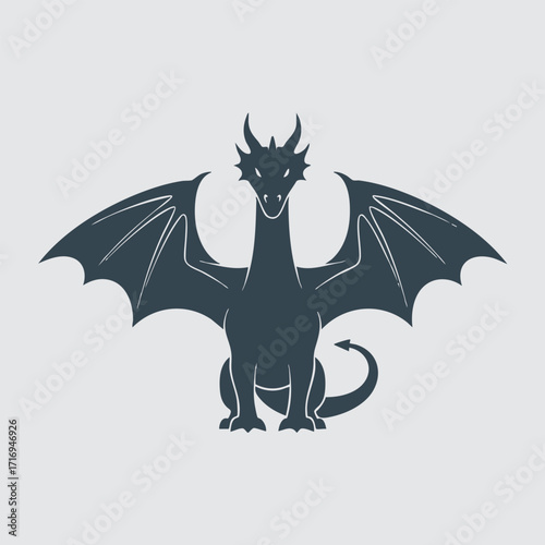Silhouette of a mythical dragon with spread wings and detailed horns sitting facing forward on a plain background